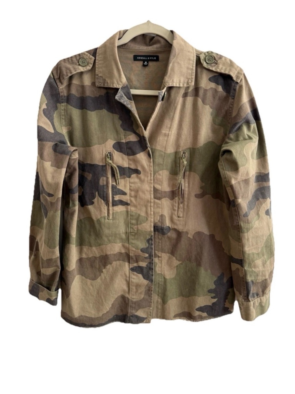 Kendall & Kylie Camo Utility Jacket in Green, Brown, Tan